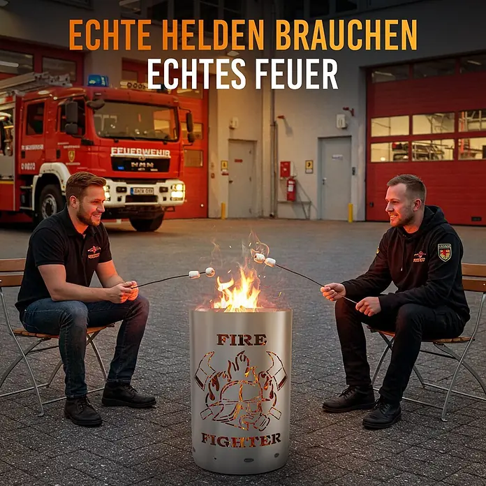 TiKo-Design® Feuertonne Firefighter Ø 40 cm – Feuerwehr Motiv -  - Silberne Metall-Feuerstelle mit „FIRE FIGHTER“-Ausschnitten, genutzt von zwei Männern beim Marshmallow-Rösten. Ein Feuerwehrauto ist im Hintergrund.
