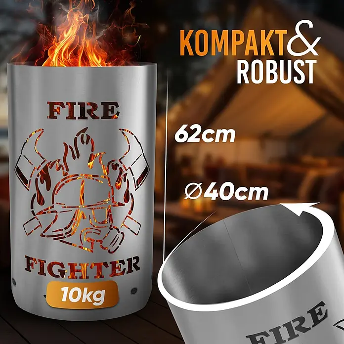 TiKo-Design® Feuertonne Firefighter Ø 40 cm – Feuerwehr Motiv -  - Kompakte, robuste Metall-Feuertonne mit Feuerwehr-Aussparungen, sichtbaren Flammen. Misst 62cm H, 40cm D, wiegt 10kg.