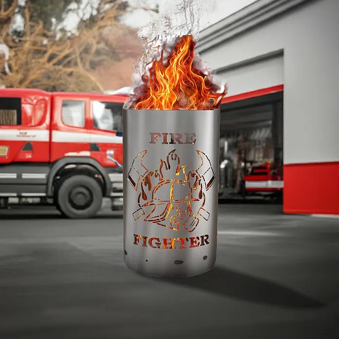TiKo-Design® Feuertonne Firefighter Ø 40 cm – Feuerwehr Motiv -  - Silberne Metall-Feuerstelle mit "FIRE FIGHTER"-Schriftzug und Emblem-Ausschnitten, flammend, in einer Feuerwache.