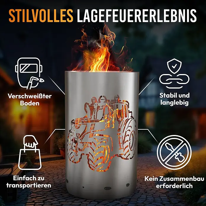TiKo-Design Holzkohlegrill Feuertonne-Traktor - grau - Eine Feuerschale aus Edelstahl mit Traktor-Ausschnittdesign, die mit Flammen glüht, auf einer Terrasse bei Dämmerung platziert.