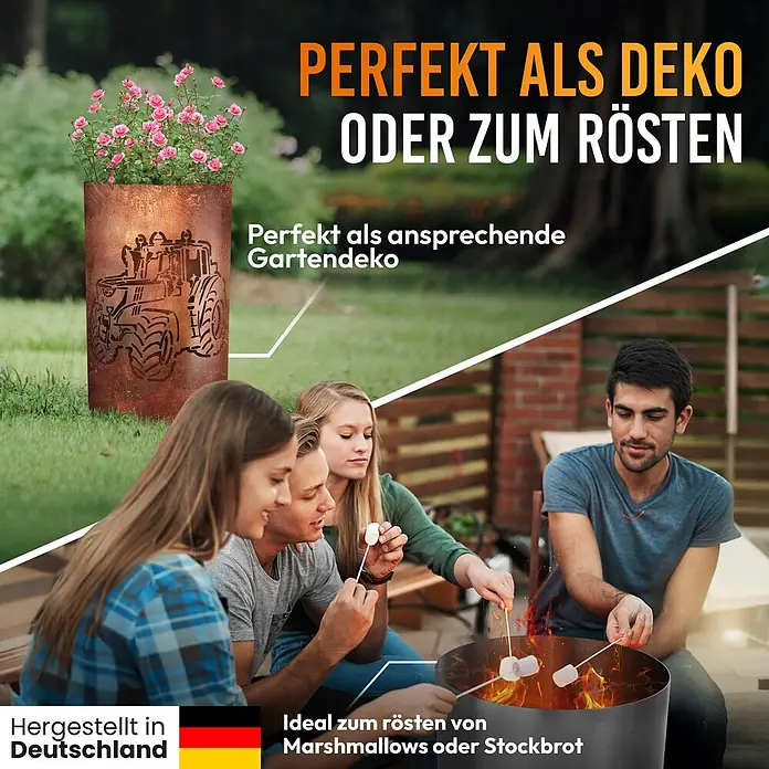 TiKo-Design Holzkohlegrill Feuertonne-Traktor - grau - Rostbrauner Metallzylinder mit Traktormotiv, als Gartenpflanzgefäß und Feuerstelle zum Rösten von Marshmallows.