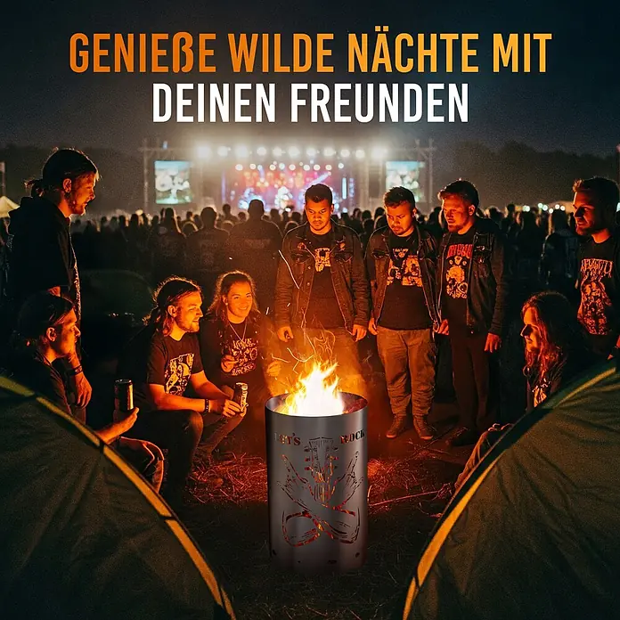 TiKo-Design Holzkohlegrill Feuertonne-Lets Rock - grau - Dunkle Metall-Feuerstelle mit "LET'S ROCK"- und Gitarren-Ausschnitten, flammt in der Nacht, umgeben von Freunden.