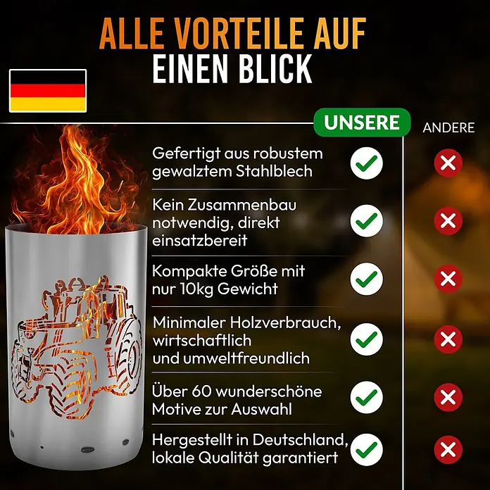 TiKo-Design Holzkohlegrill Feuertonne-Traktor - grau - Silberner Metall-Feuerkorb mit Traktor-Motiv-Ausschnitt, der von innen mit Flammen glüht.