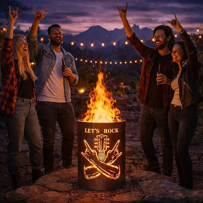 TiKo-Design Holzkohlegrill Feuertonne-Lets Rock - grau - Eine Metall-Feuerstelle 'LET'S ROCK' mit Gitarren- und Rock-Gesten-Design, die nachts hell brennt, während Leute sie genießen.