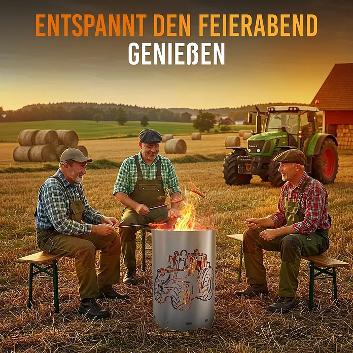 TiKo-Design Holzkohlegrill Feuertonne-Traktor - grau - Metallene Feuerschale mit Traktor-Motiv, von drei Männern zum Würstchengrillen auf einem Feld genutzt.