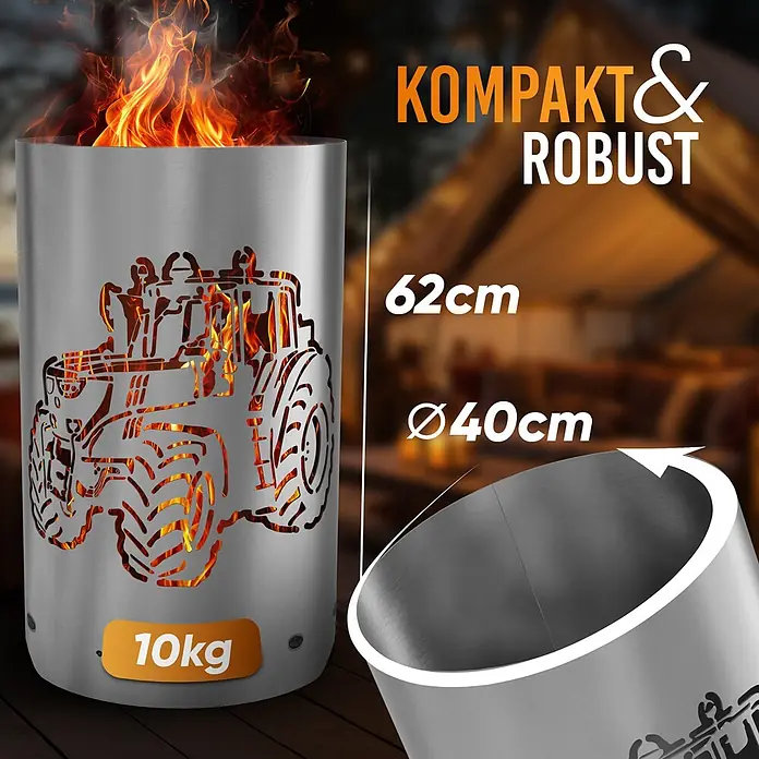 TiKo-Design Holzkohlegrill Feuertonne-Traktor - grau - Kompakte, robuste Metall-Feuerstelle mit Traktor-Ausschnitt, 62cm hoch und 40cm Durchmesser, zeigt helle Flammen im Inneren. Wiegt 10kg.
