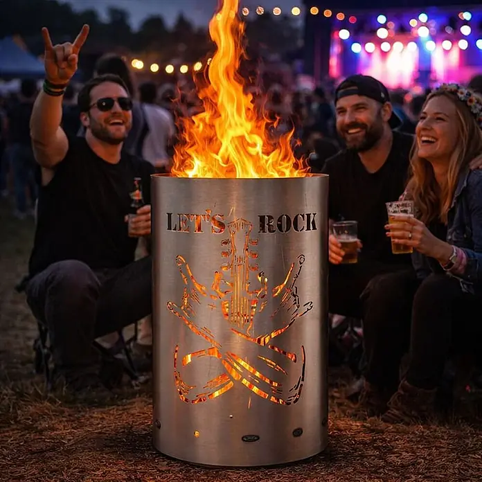 TiKo-Design Holzkohlegrill Feuertonne-Lets Rock - grau - Metallische Rock-Feuerstelle mit hellen Flammen, von Leuten bei einer Outdoor-Veranstaltung genossen.