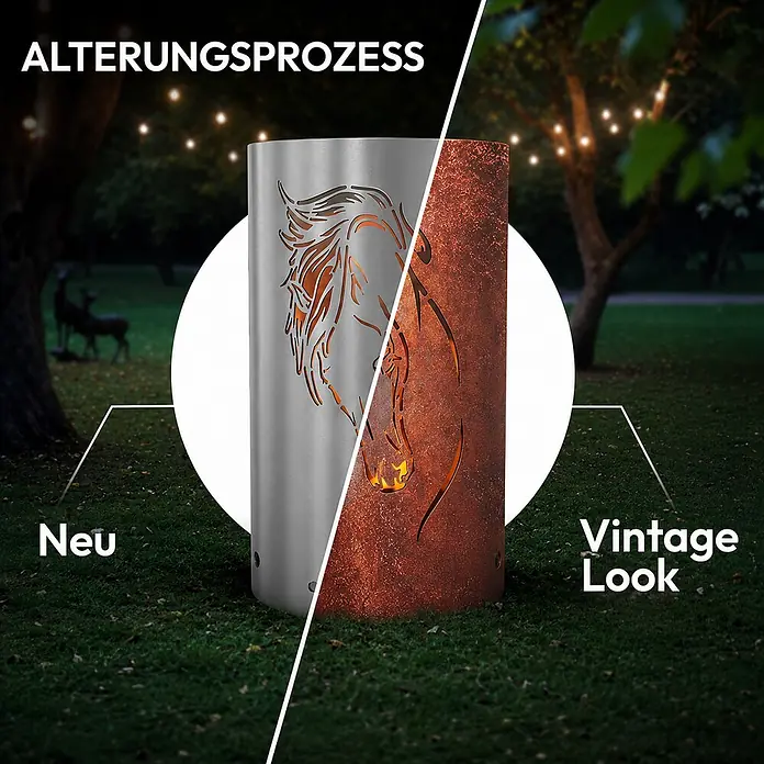 TiKo-Design® Feuertonne Pferdekopf Ø 40 cm – Geschenk für Pferdefreunde -  - Metall-Feuersäule mit Pferdemotiv, zeigt neu (silber) und gealtert (Rost-Optik), leuchtend im Garten.