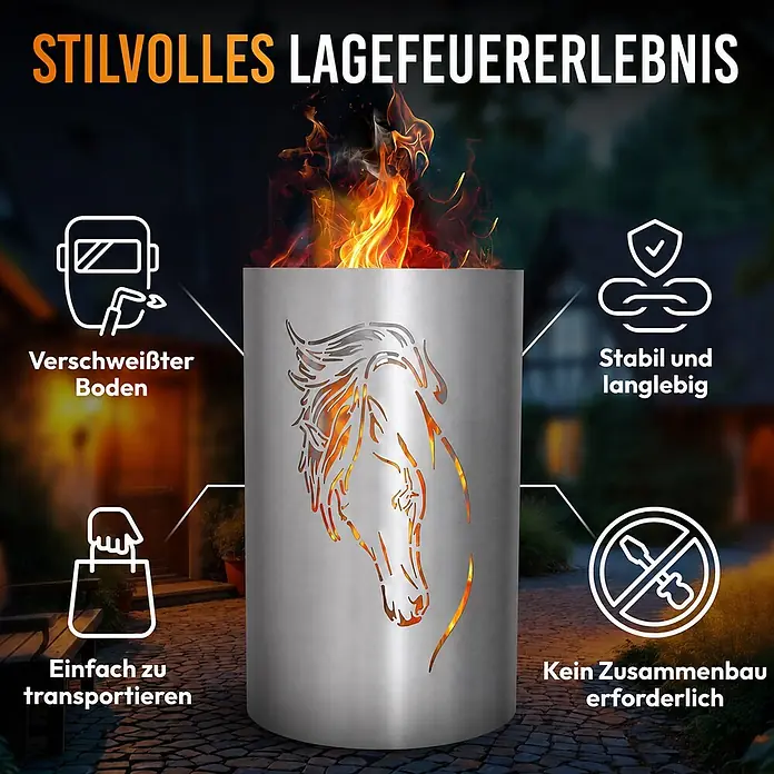 TiKo-Design® Feuertonne Pferdekopf Ø 40 cm – Geschenk für Pferdefreunde -  - Stilvolle Metall-Feuerstelle mit Pferdekopfausschnitt, die Flammen in einer Außenumgebung ausstößt. Stabil, langlebig und leicht zu transportieren.