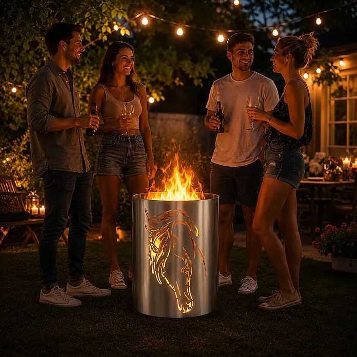 TiKo-Design® Feuertonne Pferdekopf Ø 40 cm – Geschenk für Pferdefreunde -  - Feuerstelle aus Metall mit Pferdekopf-Ausschnitt, die im Freien nachts von Menschen genutzt wird und Flammen ausstrahlt.