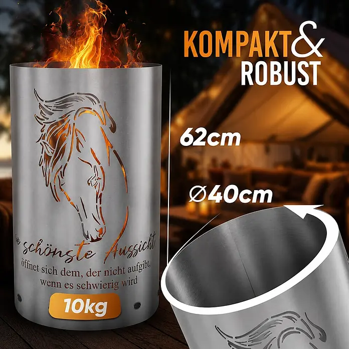 TiKo-Design® Feuertonne Pferdekopf Ø 40 cm – Geschenk für Pferdefreunde -  - Edelstahl Feuersäule mit Pferdemotiv und brennendem Feuer. 62cm hoch, Ø40cm, 10kg. Kompakt und robust.