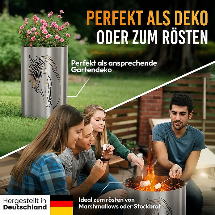 TiKo-Design® Feuertonne Pferdekopf Ø 40 cm – Geschenk für Pferdefreunde -  - Zylindrische Feuerstelle/Pflanzgefäß aus Edelstahl mit Pferdemotiv, dekorativ mit Blumen und zum Rösten von Marshmallows verwendet.