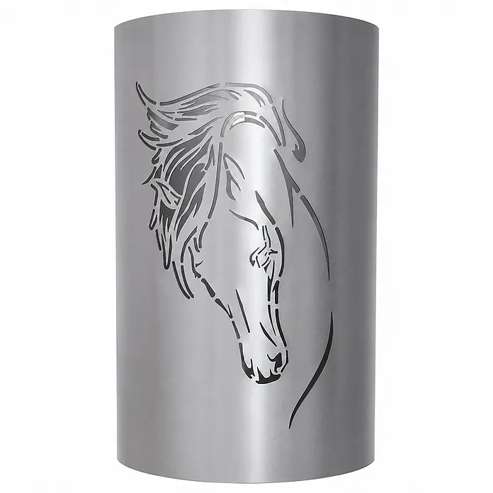 TiKo-Design® Feuertonne Pferdekopf Ø 40 cm – Geschenk für Pferdefreunde -  - Dekorativer Zylinder aus silbernem Metall mit ausgeschnittenem Pferdekopf-Design.