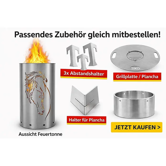 TiKo-Design® Feuertonne Pferdekopf Ø 40 cm – Geschenk für Pferdefreunde -  - Feuertonne aus Edelstahl mit Pferdemotiv und Flammen, zusammen mit passendem Zubehör: Grillplatte, Abstandshalter und Plancha-Halter.