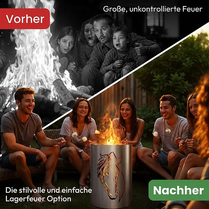 TiKo-Design® Feuertonne Pferdekopf Ø 40 cm – Geschenk für Pferdefreunde -  - Zylindrische silberne Feuerstelle mit Pferdekopfausschnitt, genutzt für gemütliche Lagerfeuer mit Marshmallows.