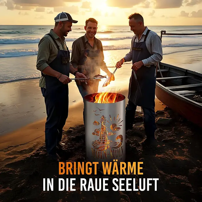 TiKo-Design® Feuertonne Leuchtturm Moin Moin Ø 40 cm – Maritim -  - Metall-Feuerschale mit Leuchtturm-, Sonnen- und Vogel-Ausschnitten, brennend am Strand, wo Männer Fisch grillen.