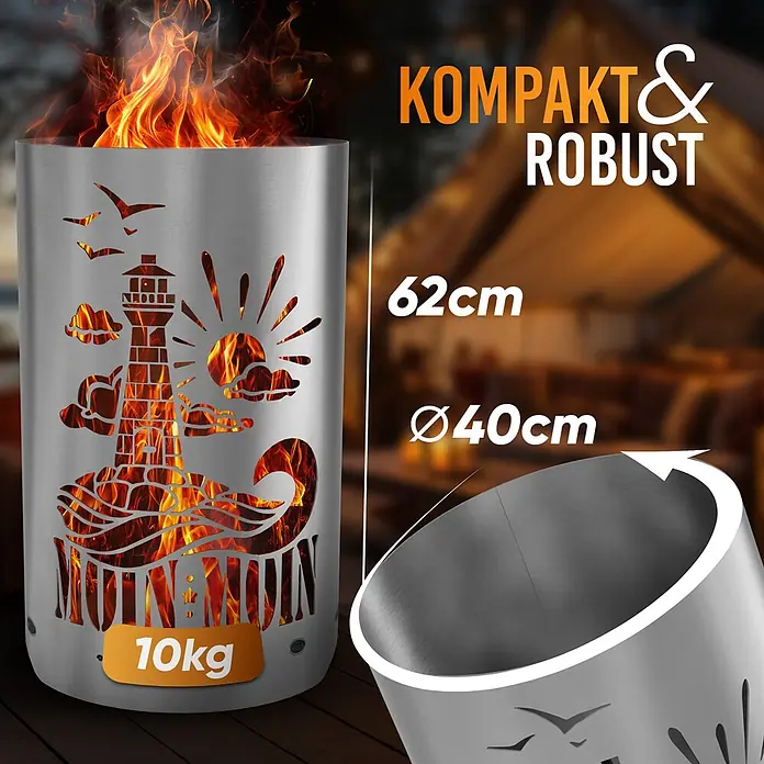 TiKo-Design® Feuertonne Leuchtturm Moin Moin Ø 40 cm – Maritim -  - Feuerstelle aus gebürstetem Metall mit Leuchtturm-, Sonnen- und Vogel-Ausschnitten, die helle Flammen zeigen. 62cm hoch, Ø40cm, 10kg Gewicht.