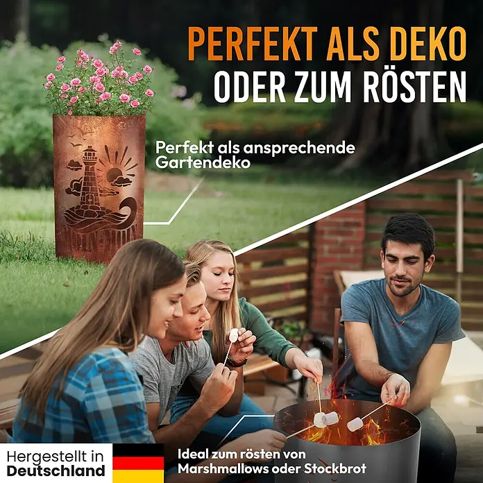 TiKo-Design® Feuertonne Leuchtturm Moin Moin Ø 40 cm – Maritim -  - Dekorative Feuerschale aus Metall mit Leuchtturm-Motiv, als Pflanzgefäß und zum Rösten von Marshmallows verwendet.