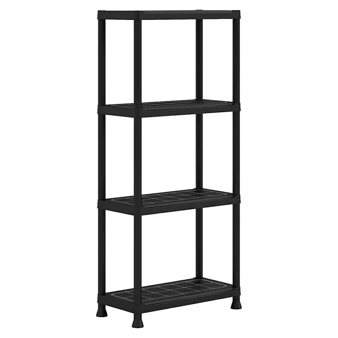 Regalux Kunststoffregal - H x B x T: 143 x 60 x 30 cm, Traglast pro Boden: 20 kg, Anzahl Böden: 4 Stk., Stecken, Schwarz - Schwarzes Kunststoffregal mit vier Ebenen. Das Regal ist ideal für die Aufbewahrung von Gegenständen und die Organisation des Raums.