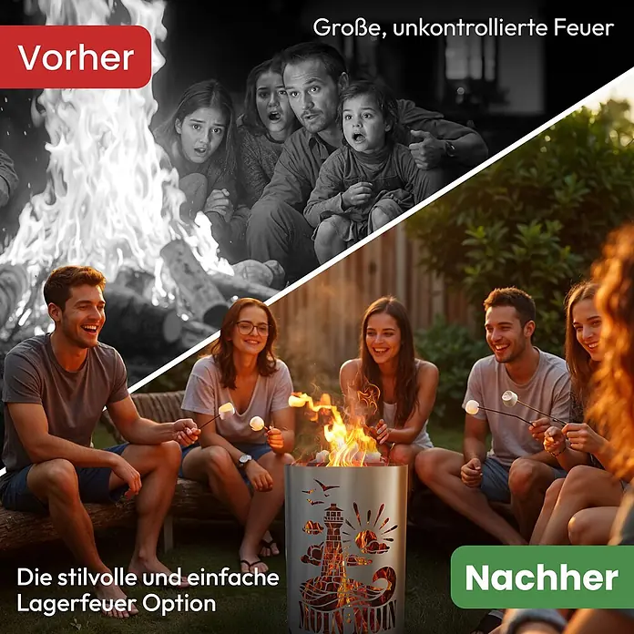 TiKo-Design® Feuertonne Leuchtturm Moin Moin Ø 40 cm – Maritim -  - Zylindrische Metall-Feuersäule mit dekorativen Ausschnitten, von Personen beim Marshmallow-Rösten genutzt.