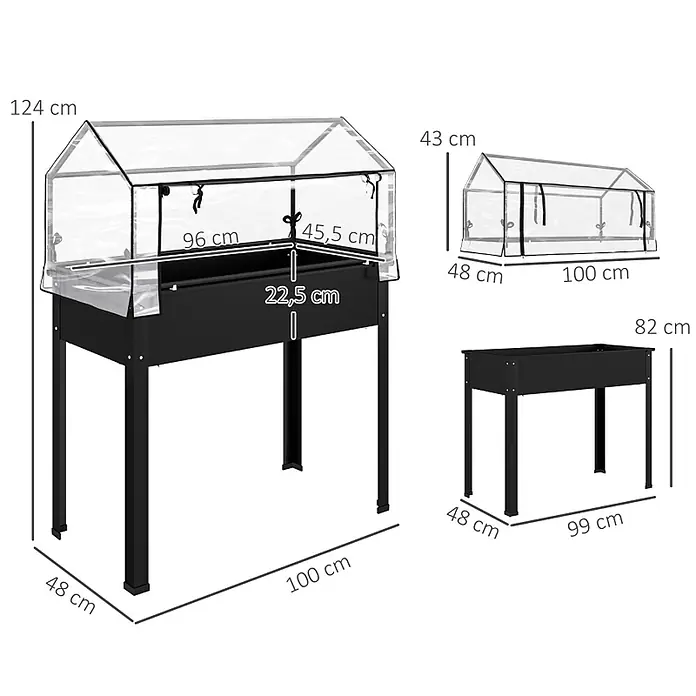 SONNENH Hochbeet mit Gewächshaushaube - 100 x 48 x 124 cm, Metall, schwarz - Schwarzes Hochbeet mit transparenter Gewächshausabdeckung zur Pflanzenzucht.