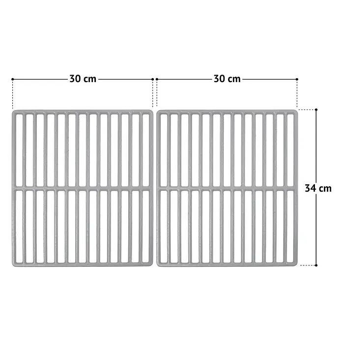 TAINO Grillrost - L x B: 34 x 60 cm, Gusseisen - Zwei rechteckige graue Metall-Grillroste, jeweils 30x34 cm.