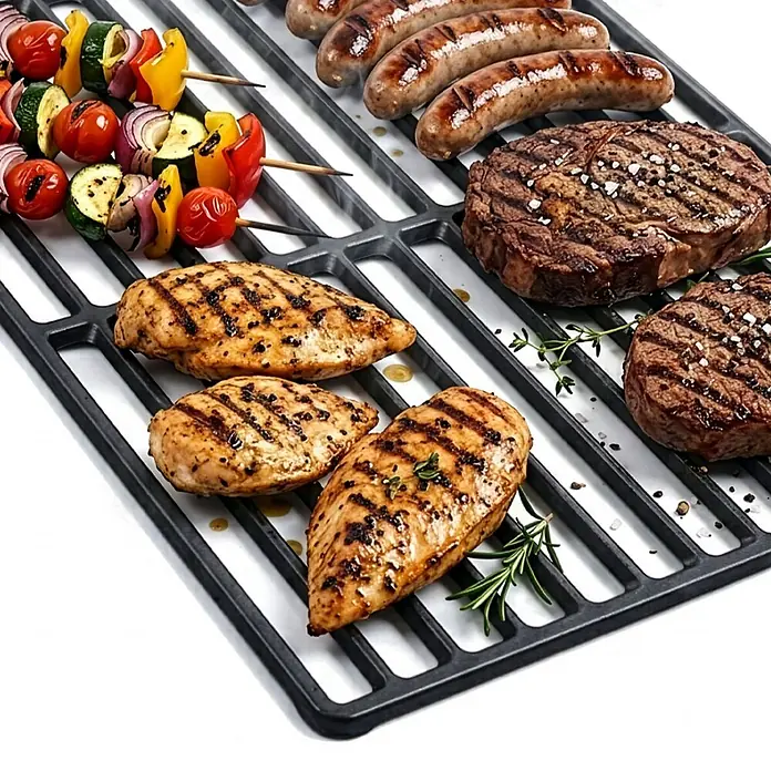 TAINO Grillrost - L x B: 34 x 60 cm, Gusseisen - Schwarzes Grillrost mit gegrilltem Fleisch und Gemüse, das seine Nutzung zum Garen vielfältiger Speisen zeigt.