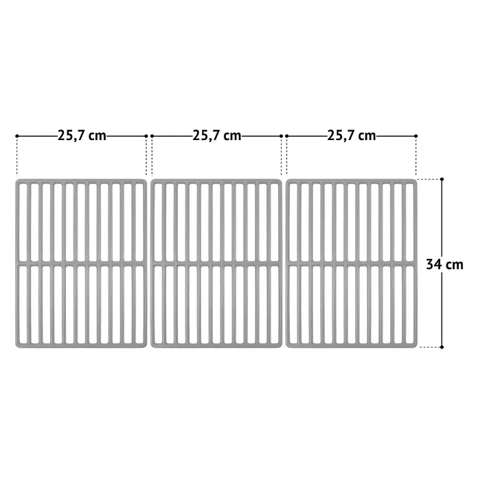 TAINO Grillrost - L x B: 34 x 77 cm, Gusseisen - Drei graue modulare Roste, jeweils 25,7 cm breit und 34 cm hoch.