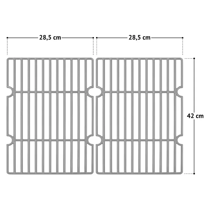 TAINO Grillrost - L x B: 42 x 55 cm, Gusseisen - Zwei graue rechteckige Metall-Grillroste, jeweils 28,5 cm breit und 42 cm hoch, nebeneinander dargestellt.