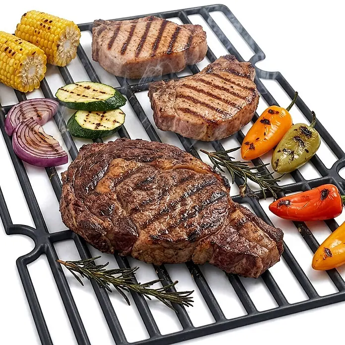 TAINO Grillrost - L x B: 42 x 55 cm, Gusseisen - Schwarzer Grillrost mit gegrilltem Fleisch und Gemüse.