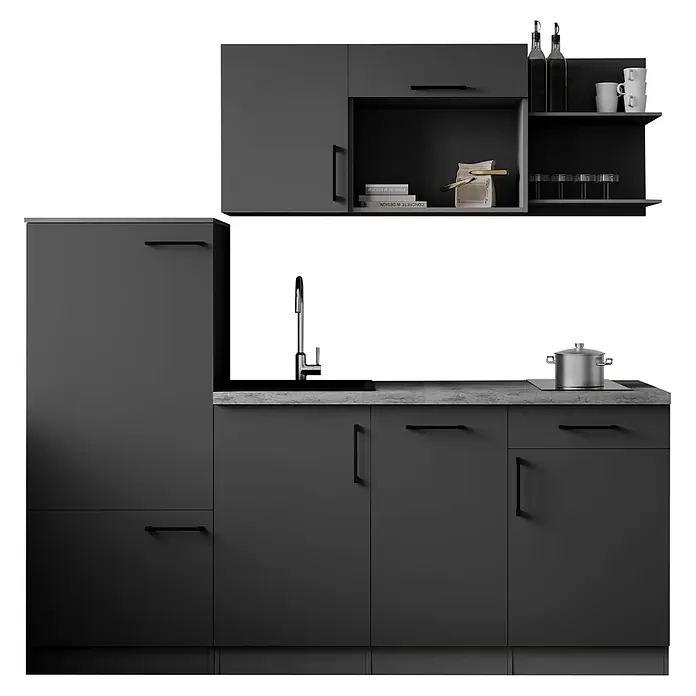 Respekta Oliver Singleküche - Breite: 205 cm, Grau, Kochfeld | Geschirrspüler | Kühlschrank - Moderne dunkelgraue Küche mit Betonoptik-Arbeitsplatte, Spüle, Induktionskochfeld und offenen Regalen.