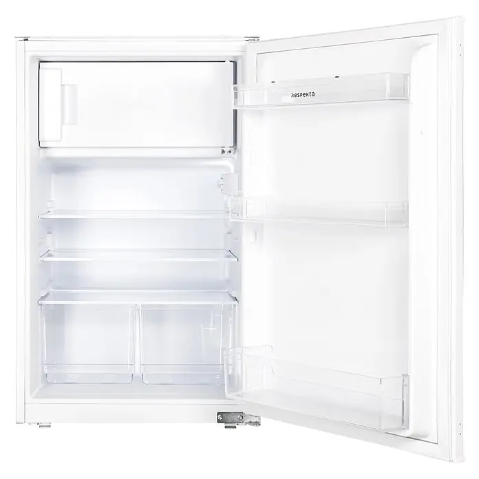 Respekta Oliver Küchenzeile - Breite: 235 cm, Grau, Mit Elektrogeräten - Weißer Kühlschrank mit geöffneter Tür, zeigt leere Regale, Schubladen und Türfächer.
