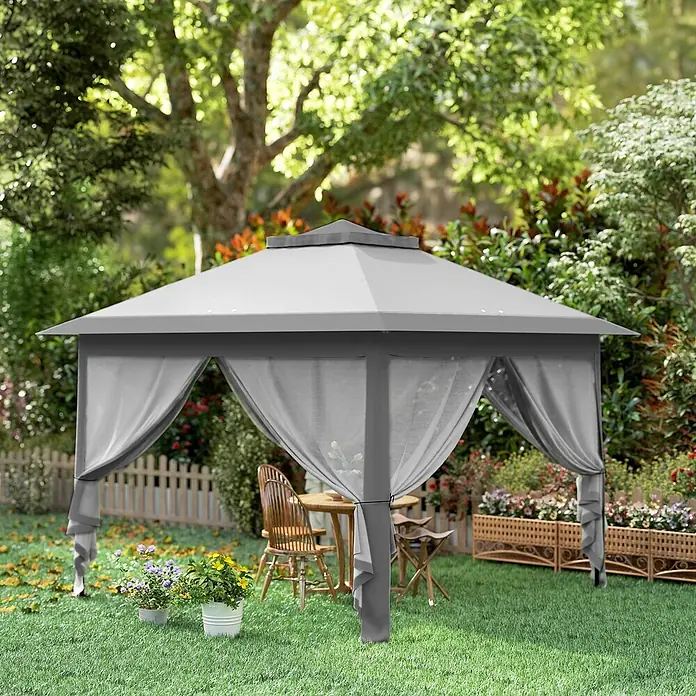 Furnicato Faltpavillon - B x T: 330 x 330 cm, Farbe Dach: Grau - Grauer Outdoor-Pavillon mit Netztvorhängen, bietet einen schattigen Sitzbereich.