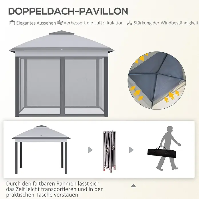 Furnicato Faltpavillon - B x T: 330 x 330 cm, Farbe Dach: Grau - Grauer Doppeldach-Pavillon mit elegantem Design, verbesserter Luftzirkulation, Windbeständigkeit und Faltbarkeit für den Transport in einer Tasche.