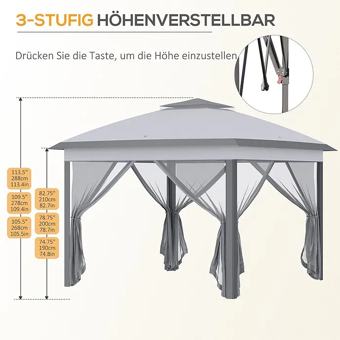 Furnicato Faltpavillon - B x T: 330 x 330 cm, Farbe Dach: Grau - Grauer Pavillon mit 3-stufiger Höhenverstellung, inklusive Netzvorhängen und detaillierten Maßen.