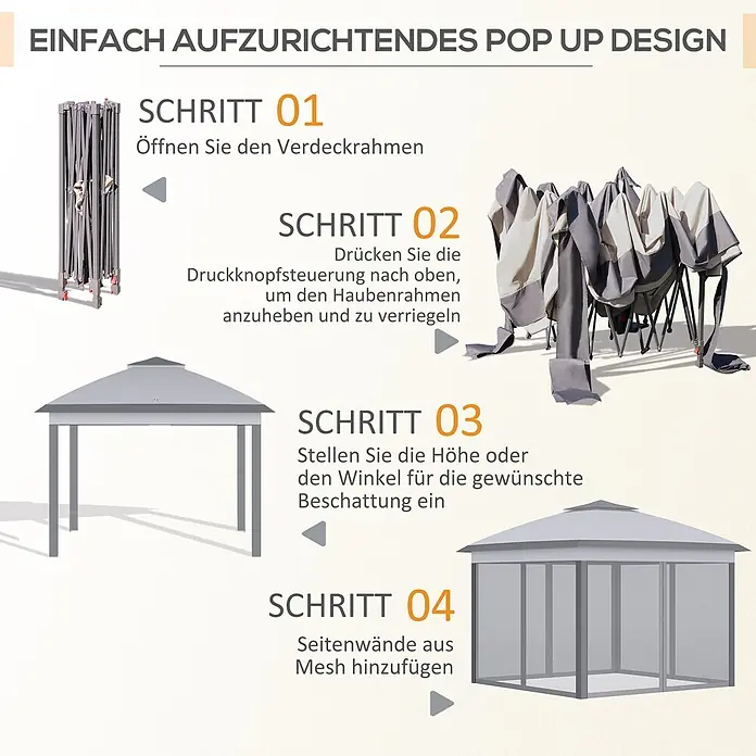 Furnicato Faltpavillon - B x T: 330 x 330 cm, Farbe Dach: Grau - Diagramm mit vier Schritten zur einfachen Montage eines grauen Pop-Up-Pavillons mit Stoffdach und Netzseitenwänden.