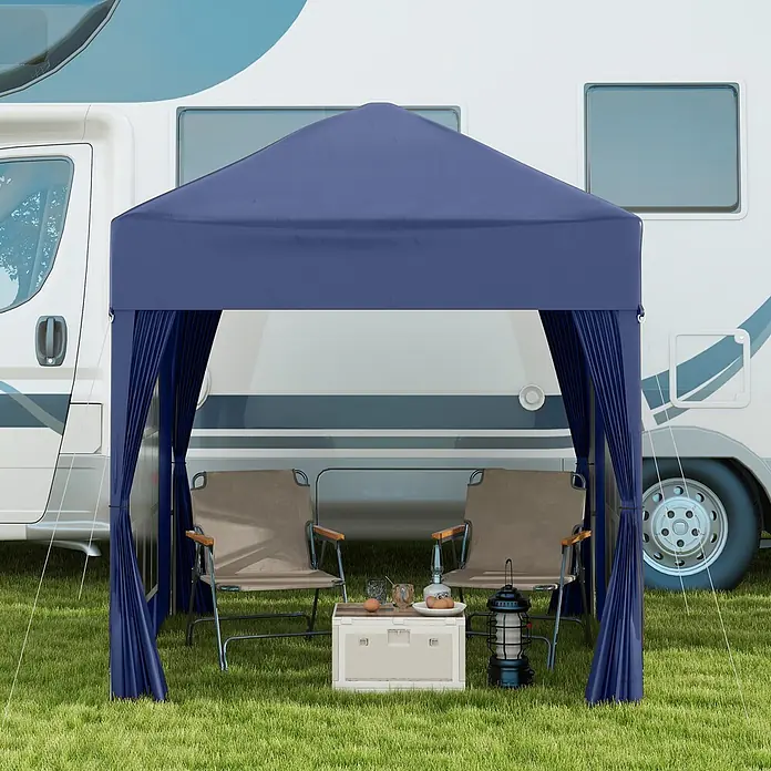 Furnicato Faltpavillon - B x T: 200 x 200 cm, Farbe Dach: Blau - Blauer Pop-up-Pavillon mit Seitenwänden spendet Schatten neben einem Wohnmobil auf Gras.