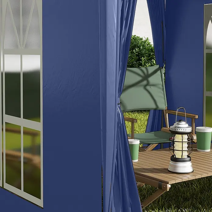 Furnicato Faltpavillon - B x T: 200 x 200 cm, Farbe Dach: Blau - Blaue Stoffzeltwände sind teilweise geöffnet und geben den Blick frei auf einen gemütlichen Outdoor-Bereich mit Campingstuhl und Tisch.