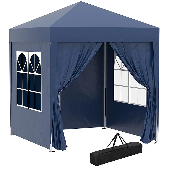 Furnicato Faltpavillon - B x T: 200 x 200 cm, Farbe Dach: Blau - Blaues Pop-up-Pavillon mit Bogenfenstern und offenem Eingang, daneben eine schwarze Tragetasche.