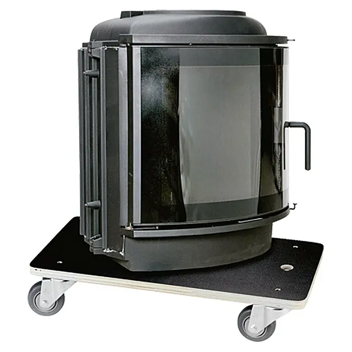 Wagner System Base con ruedas Cargo Professional - L x An x Al: 59 x 39 x 12 cm, Capacidad de carga: 500 kg, Plástico - Estufa de leña negra sobre una tabla con ruedas. La estufa tiene una gran ventana de vidrio y está sobre una tabla de madera con ruedas para facilitar el transporte.