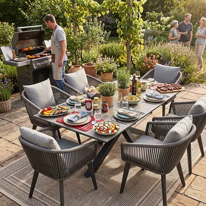 Bene Living Gartentisch-Set Cadiz Almeria - Gesamtumfang: 6 -tlg., Aluminium pulverbeschichtet, Rope-Geflecht, Tischplatte aus gesintertem Stein (Keramik) - Graue Outdoor-Essgruppe aus geflochtenem Material mit Steintisch und Kissen, bereit für ein Garten-Barbecue.