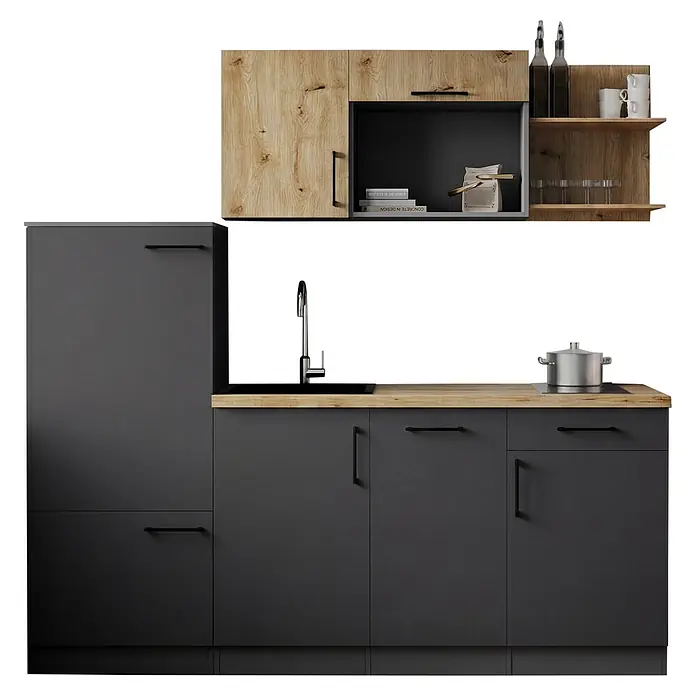 Respekta Oliver Küchenzeile - Breite: 205 cm, Grau/Holz, Mit Elektrogeräten - Moderne Küchenzeile mit dunkelgrauen Schränken, Holzoptik-Arbeitsplatte, Spüle und passenden Hängeschränken.