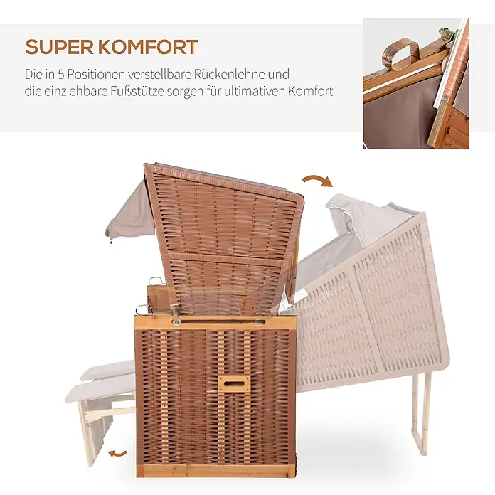 Outsunny Strandstuhl - Rückenlehne verstellbar, Beige, B x T x H: 79 x 190 x 150 cm - Brauner Strandkorb aus Korbgeflecht mit Holzrahmen, 5-fach verstellbarer Rückenlehne und ausziehbarer Fußstütze für Komfort.