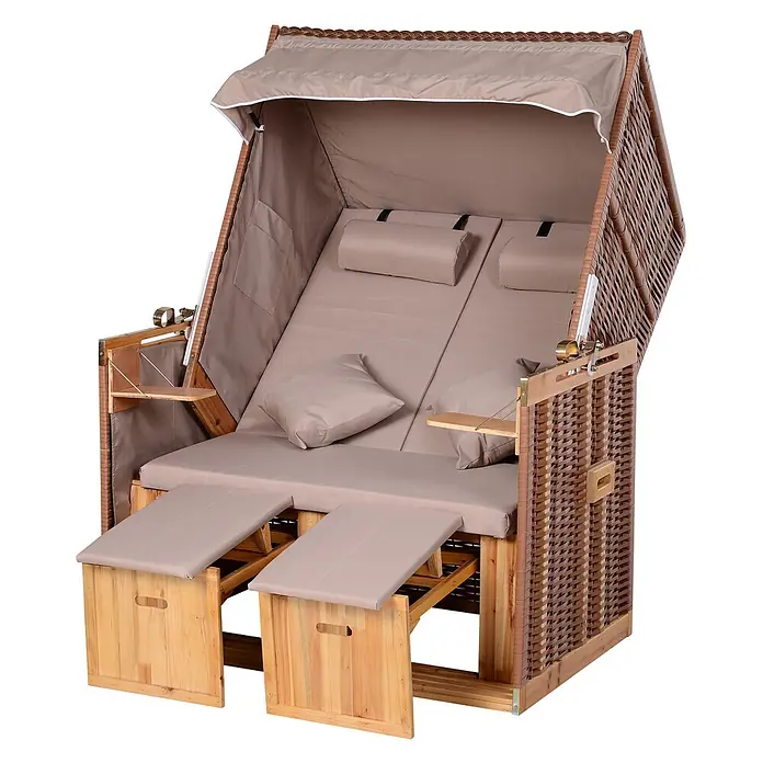 Outsunny Strandstuhl - Rückenlehne verstellbar, Beige, B x T x H: 79 x 190 x 150 cm - Brauner geflochtener Strandkorb mit hellbraunem Verdeck und Polstern, verstellbaren Fußstützen und Beistelltischen.