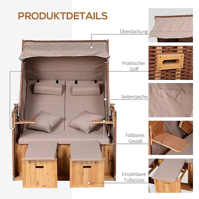Outsunny Strandstuhl - Rückenlehne verstellbar, Beige, B x T x H: 79 x 190 x 150 cm - Ein beiger Strandkorb aus Holz mit braunen Akzenten, Überdachung, Seitentaschen, klappbaren Tischen und ausziehbaren Fußstützen.