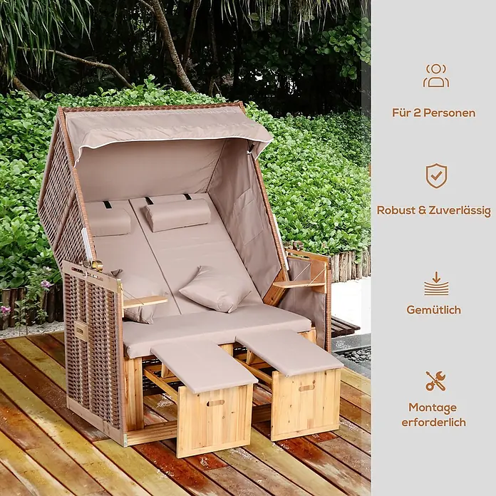 Outsunny Strandstuhl - Rückenlehne verstellbar, Beige, B x T x H: 79 x 190 x 150 cm - Brauner Strandkorb aus Rattan und Holz mit beigen Polstern für 2 Personen auf einer Holzterrasse; robust und gemütlich, Montage erforderlich.
