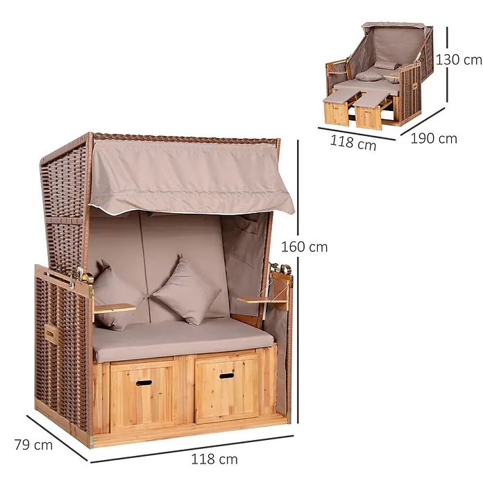 Outsunny Strandstuhl - Rückenlehne verstellbar, Beige, B x T x H: 79 x 190 x 150 cm - Brauner Strandkorb aus Polyrattan und Holz mit beigen Kissen, Verdeck, ausziehbaren Fußstützen und Stauraum.
