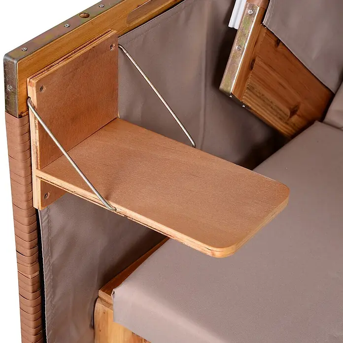 Outsunny Strandstuhl - Rückenlehne verstellbar, Beige, B x T x H: 79 x 190 x 150 cm - Ein hölzernes Klappregal mit Metallstützen, befestigt an einem Holzrahmen mit grauem Stoffbezug.