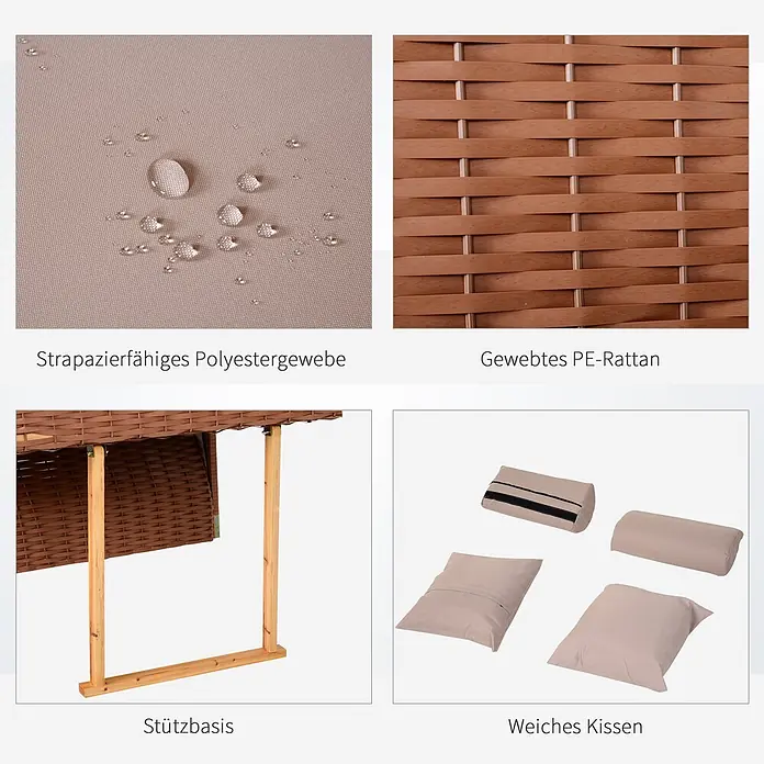 Outsunny Strandstuhl - Rückenlehne verstellbar, Beige, B x T x H: 79 x 190 x 150 cm - Strapazierfähiger, wasserabweisender beiger Polyesterstoff, geflochtenes braunes PE-Rattan, Holzstützbasis und weiche beige Kissen.