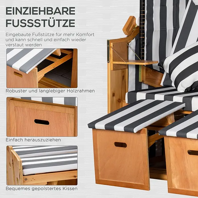 Outsunny Strandstuhl - Grau+Weiß - Strandkorb aus Holz mit ausziehbarer Fußstütze und schwarz-weiß gestreiften Kissen.